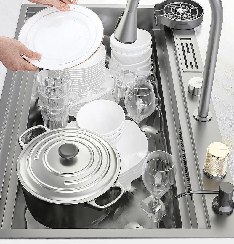 Waterfall Kitchen Sink Nanometer 304 Stainless Steel Large Single Slot Kitchen Accessories Waterfall Faucet Vegetable Basin