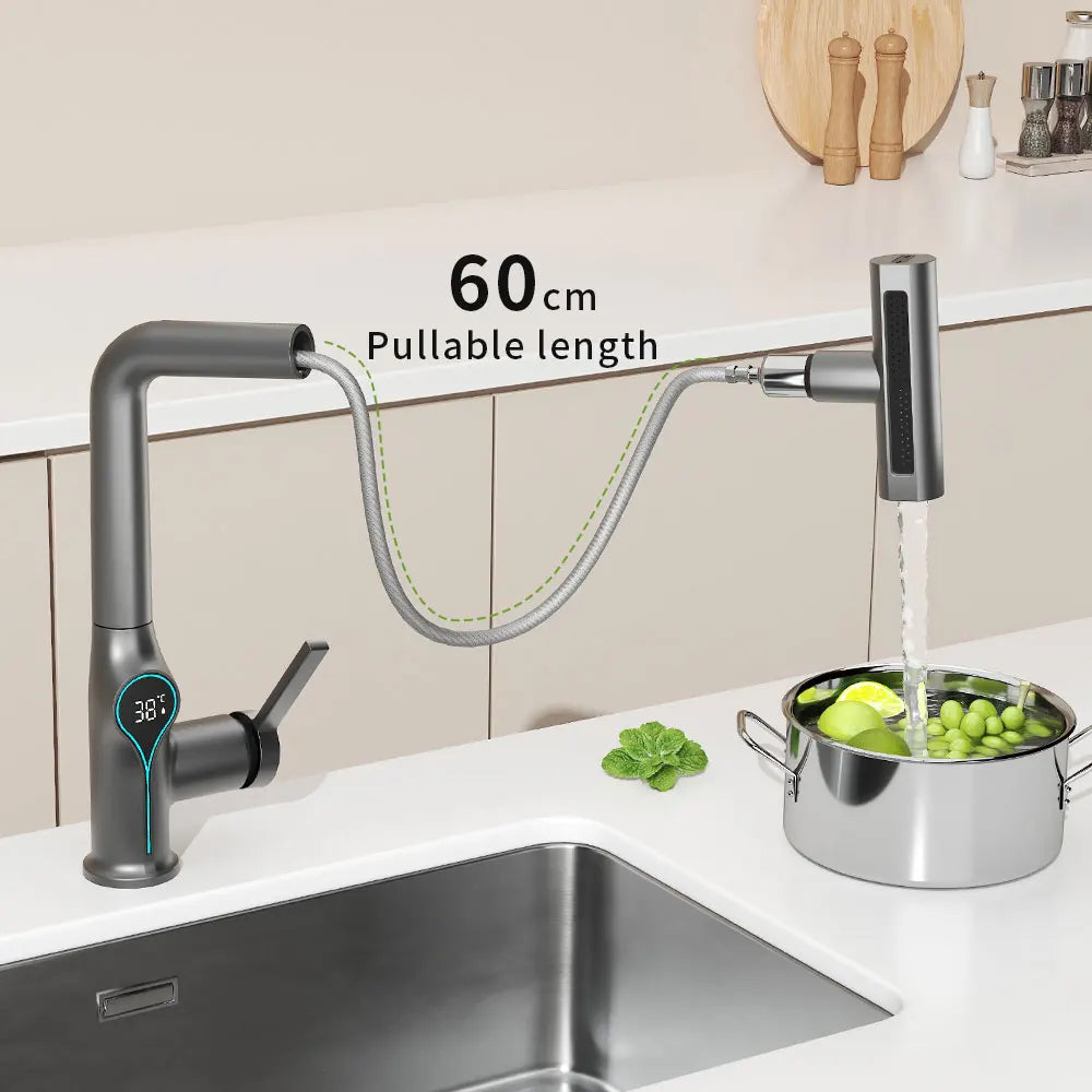 Intelligent Water Temperature Display Pull-out Sprayer Kitchen Faucet Hot and Cold Water Kitchen Sink Tap Single Hole Mixer