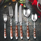 Classic Elegant Stainless Steel Cutlery Set Simulated Redwood Fork Spoon Knife Full Dinning Fork Steak Knife Teaspoon Creative