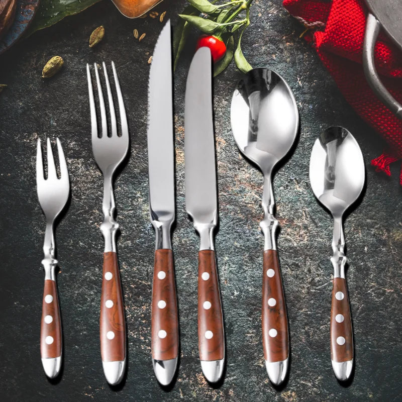 Classic Elegant Stainless Steel Cutlery Set Simulated Redwood Fork Spoon Knife Full Dinning Fork Steak Knife Teaspoon Creative