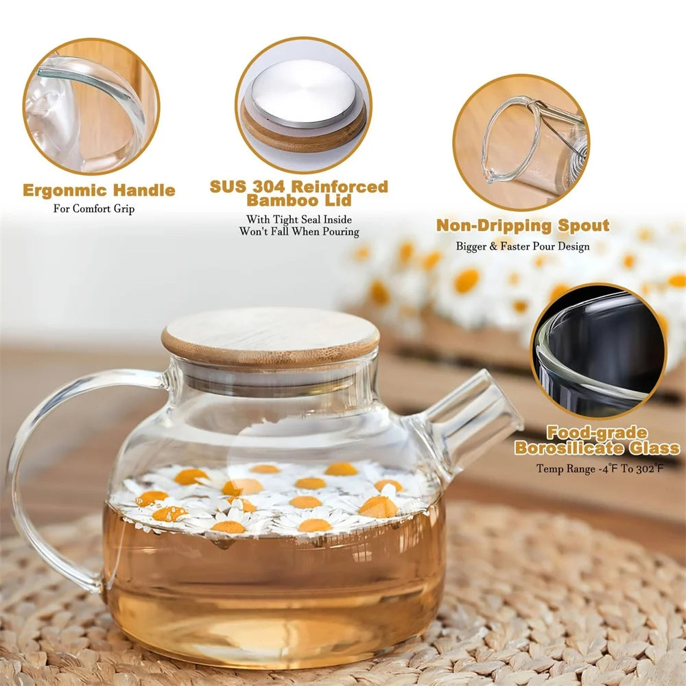 1/1.8L Glass Teapot Bamboo Lid 1pack Glass Tea Kettle with Removable Filter Spout for Loose Leaf、Fruit Tea and Fragrant Tea