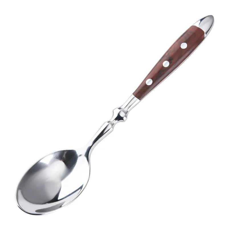 Classic Elegant Stainless Steel Cutlery Set Simulated Redwood Fork Spoon Knife Full Dinning Fork Steak Knife Teaspoon Creative