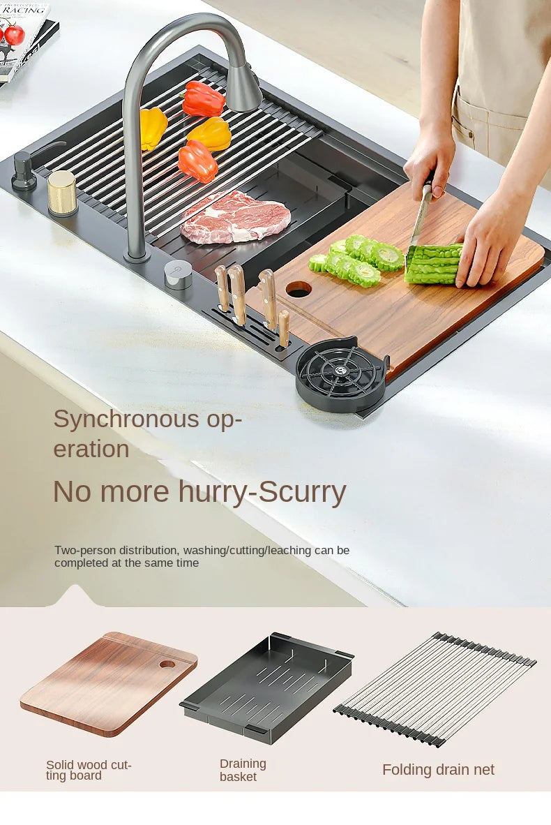Waterfall Kitchen Sink Nanometer 304 Stainless Steel Large Single Slot Kitchen Accessories Waterfall Faucet Vegetable Basin