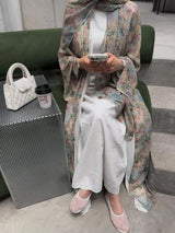 Middle Eastern Elegant Arabic Traditional Cardigan Long-Sleeved Floral Print Abaya Robe with Headscarf