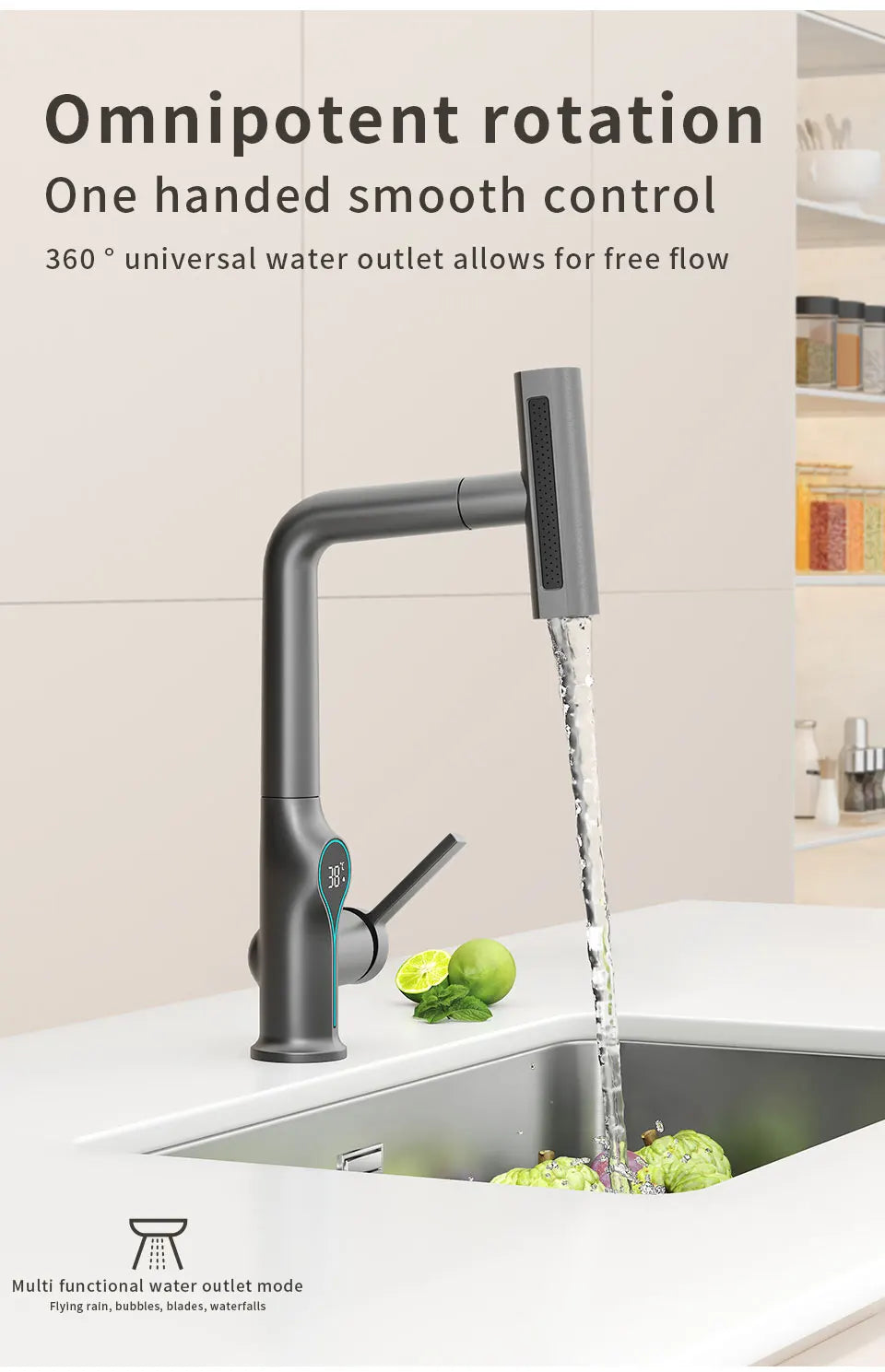 Intelligent Water Temperature Display Pull-out Sprayer Kitchen Faucet Hot and Cold Water Kitchen Sink Tap Single Hole Mixer