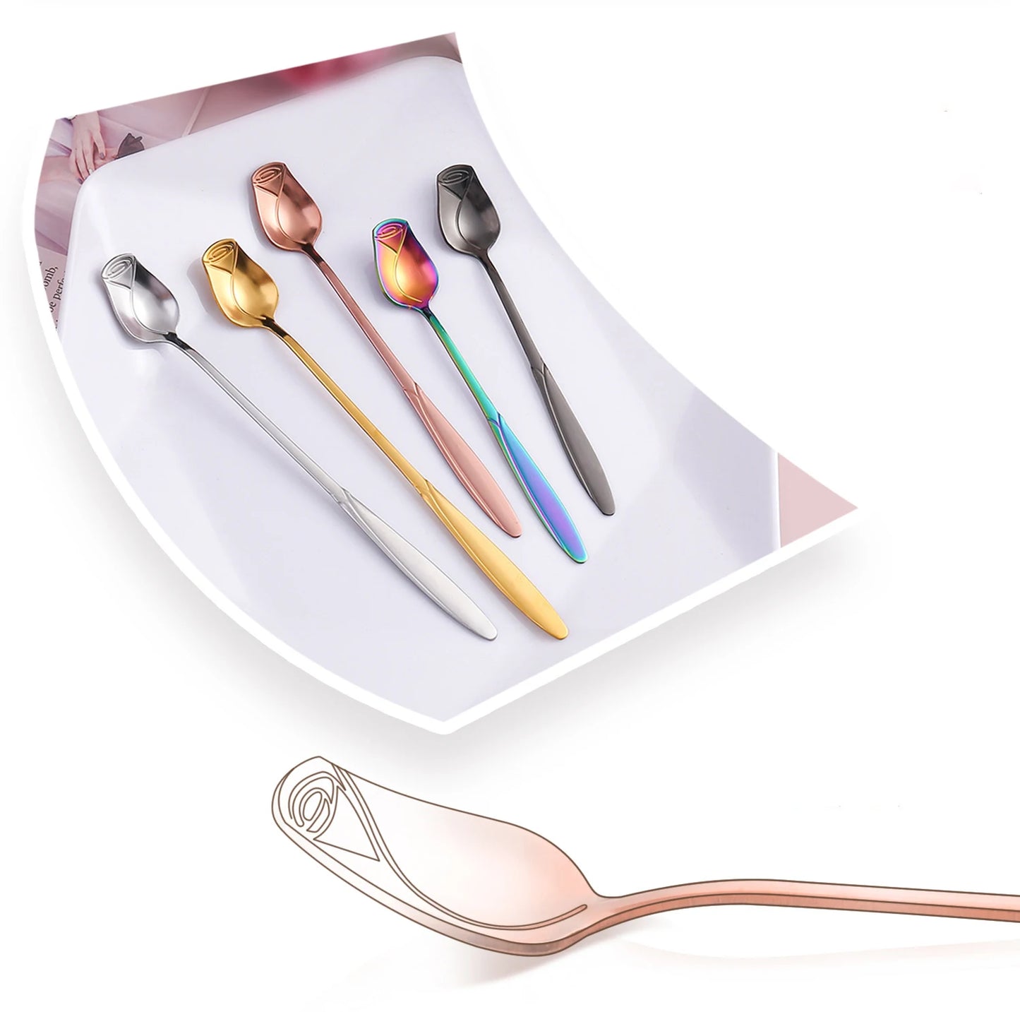Long Handle Teaspoon Stainless Steel Rose Mixing Spoon Unusual Teaspoons for Dessert Honey Salad Tea Coffee Spoons New Year Gift