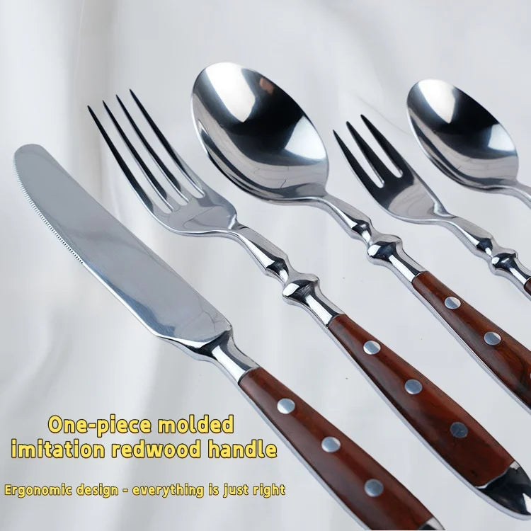 Classic Elegant Stainless Steel Cutlery Set Simulated Redwood Fork Spoon Knife Full Dinning Fork Steak Knife Teaspoon Creative
