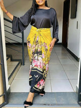 Elegant 2 Piece Sets Womens Outfits Satin Half Sleeve Shirt Blouses and Belted Wrap Midi Skirt Sets Spring Summer Clothes