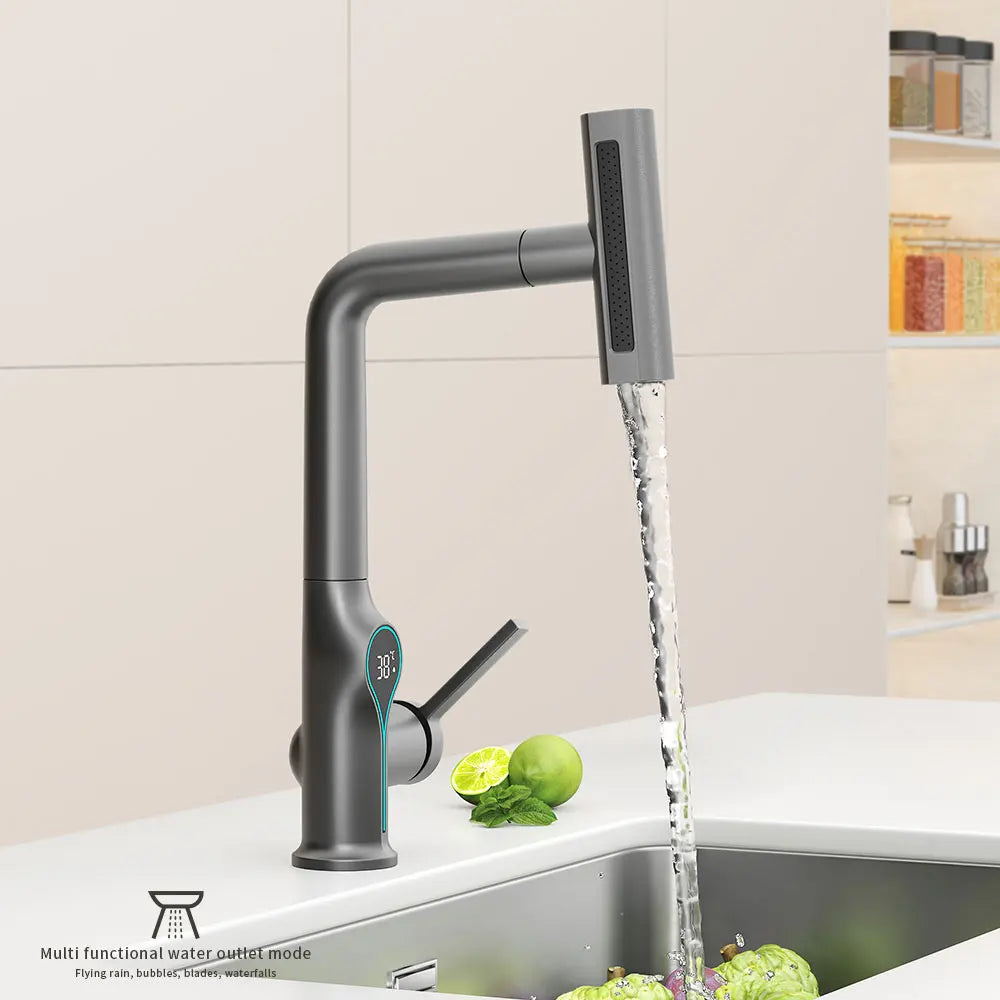 Intelligent Water Temperature Display Pull-out Sprayer Kitchen Faucet Hot and Cold Water Kitchen Sink Tap Single Hole Mixer