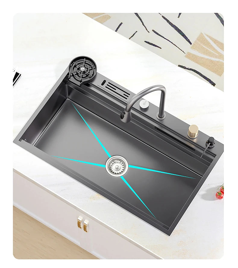 Waterfall Kitchen Sink Nanometer 304 Stainless Steel Large Single Slot Kitchen Accessories Waterfall Faucet Vegetable Basin