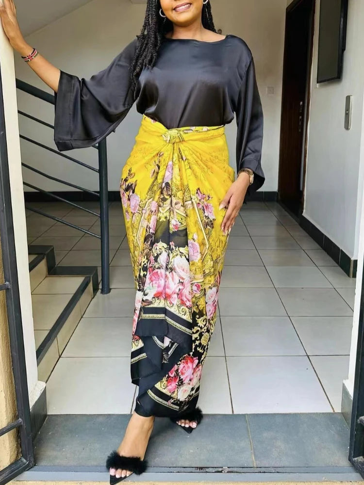 Elegant 2 Piece Sets Womens Outfits Satin Half Sleeve Shirt Blouses and Belted Wrap Midi Skirt Sets Spring Summer Clothes