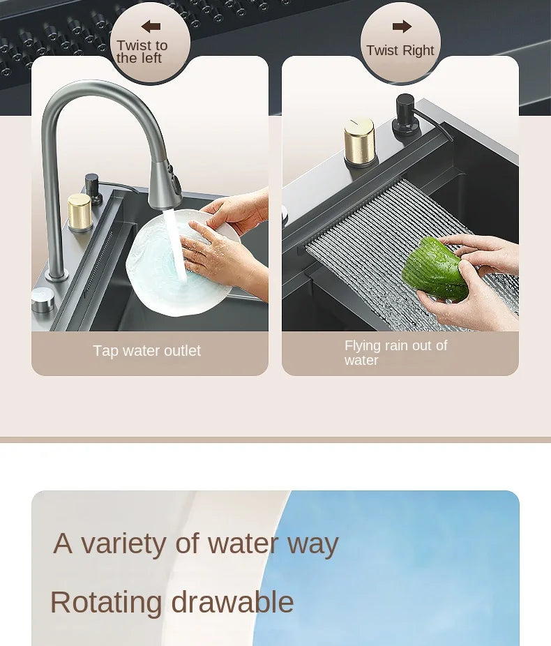Waterfall Kitchen Sink Nanometer 304 Stainless Steel Large Single Slot Kitchen Accessories Waterfall Faucet Vegetable Basin
