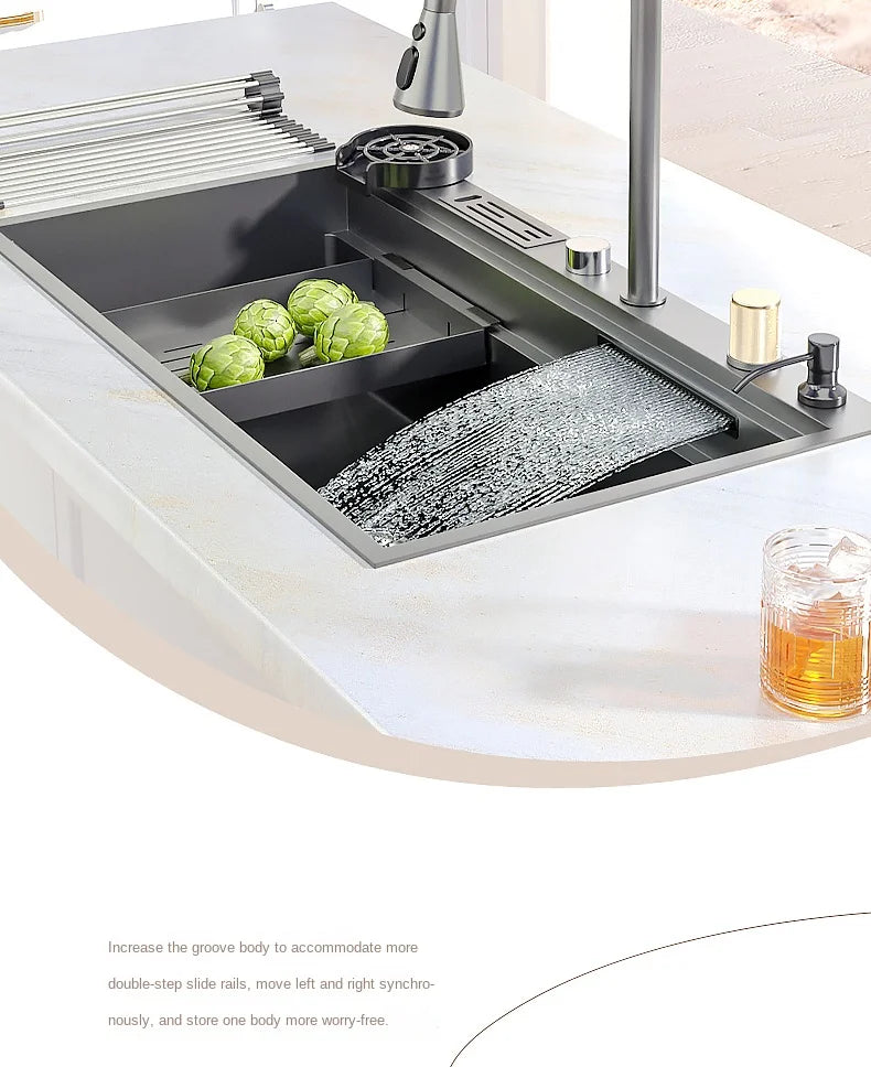Waterfall Kitchen Sink Nanometer 304 Stainless Steel Large Single Slot Kitchen Accessories Waterfall Faucet Vegetable Basin