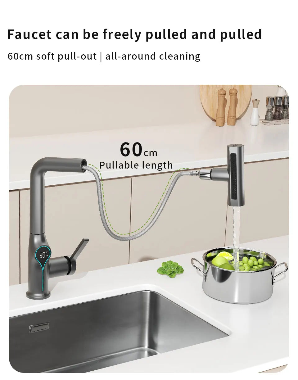 Intelligent Water Temperature Display Pull-out Sprayer Kitchen Faucet Hot and Cold Water Kitchen Sink Tap Single Hole Mixer
