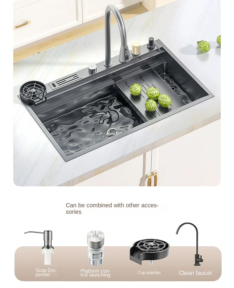 Waterfall Kitchen Sink Nanometer 304 Stainless Steel Large Single Slot Kitchen Accessories Waterfall Faucet Vegetable Basin