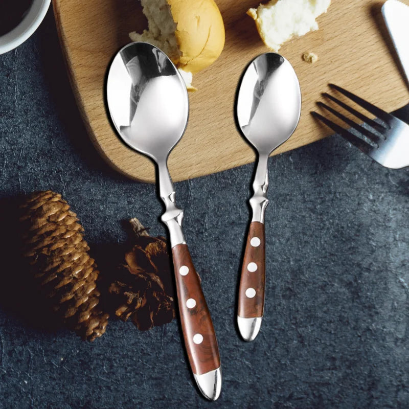 Classic Elegant Stainless Steel Cutlery Set Simulated Redwood Fork Spoon Knife Full Dinning Fork Steak Knife Teaspoon Creative