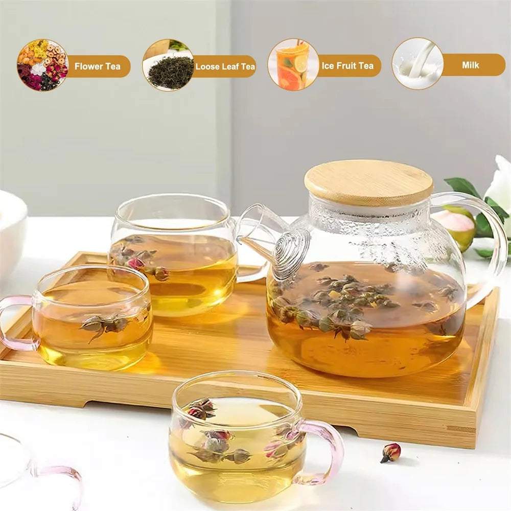 1/1.8L Glass Teapot Bamboo Lid 1pack Glass Tea Kettle with Removable Filter Spout for Loose Leaf、Fruit Tea and Fragrant Tea