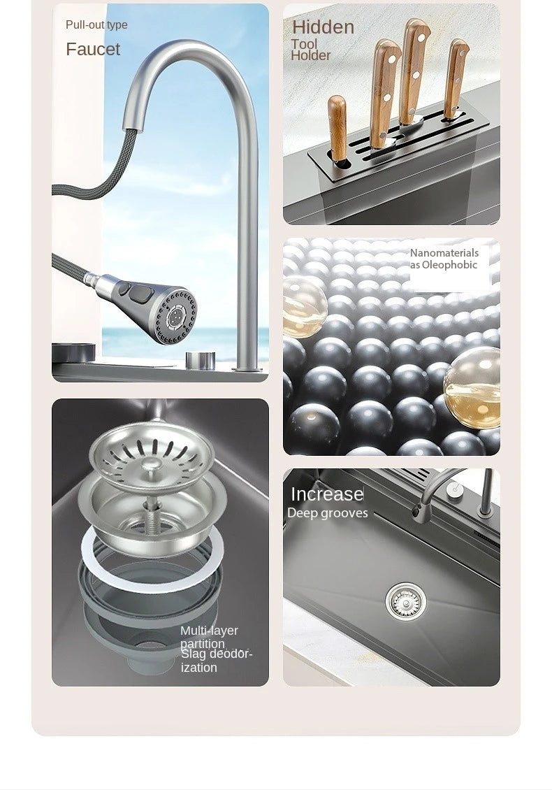 Waterfall Kitchen Sink Nanometer 304 Stainless Steel Large Single Slot Kitchen Accessories Waterfall Faucet Vegetable Basin