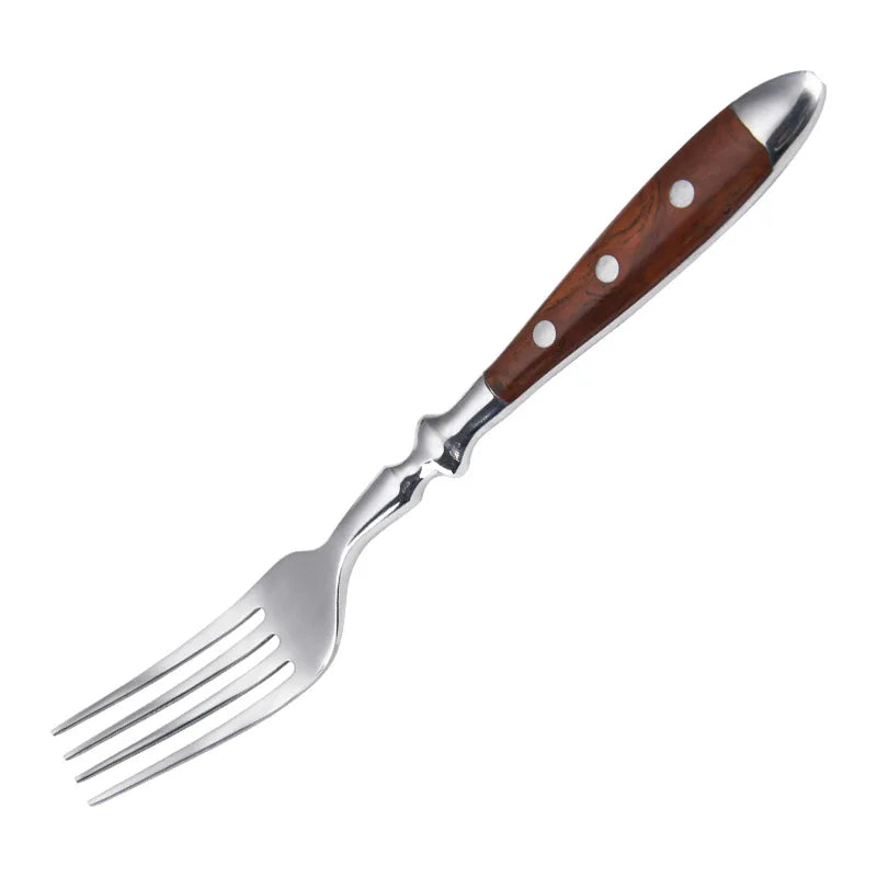Classic Elegant Stainless Steel Cutlery Set Simulated Redwood Fork Spoon Knife Full Dinning Fork Steak Knife Teaspoon Creative