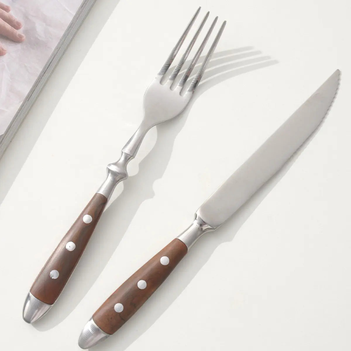 Classic Elegant Stainless Steel Cutlery Set Simulated Redwood Fork Spoon Knife Full Dinning Fork Steak Knife Teaspoon Creative