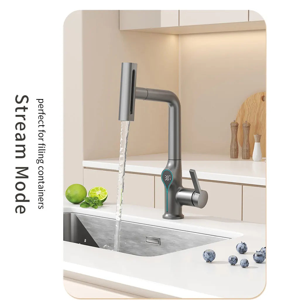 Intelligent Water Temperature Display Pull-out Sprayer Kitchen Faucet Hot and Cold Water Kitchen Sink Tap Single Hole Mixer