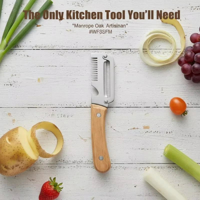 Wooden Handle Stainless Steel Peeler, Multi-Functional Kitchen Gadget for Fruits Vegetables Peeling Slicing, Durable & Smooth