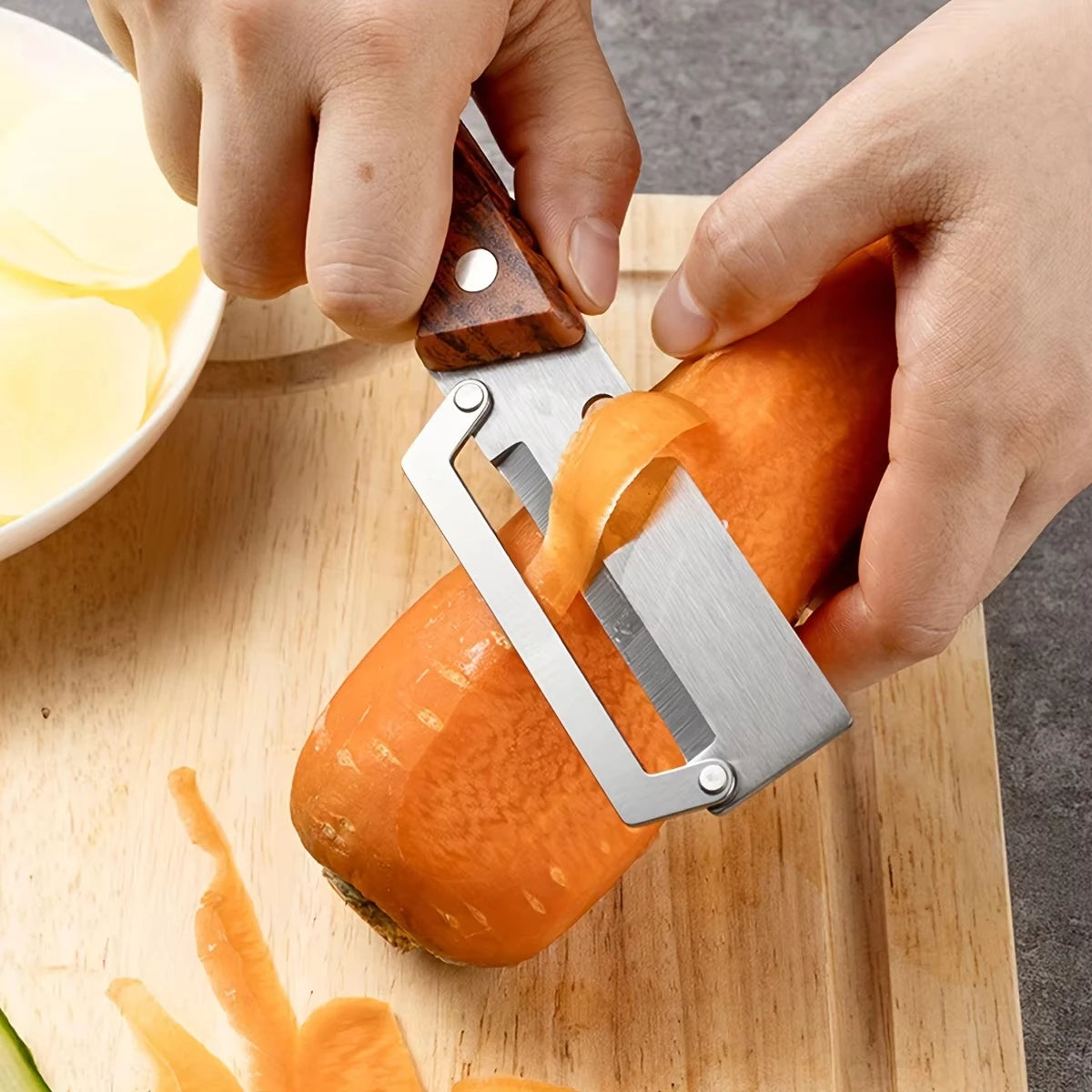 Wooden Handle Stainless Steel Peeler, Multi-Functional Kitchen Gadget for Fruits Vegetables Peeling Slicing, Durable & Smooth