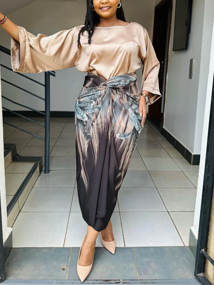 Elegant 2 Piece Sets Womens Outfits Satin Half Sleeve Shirt Blouses and Belted Wrap Midi Skirt Sets Spring Summer Clothes