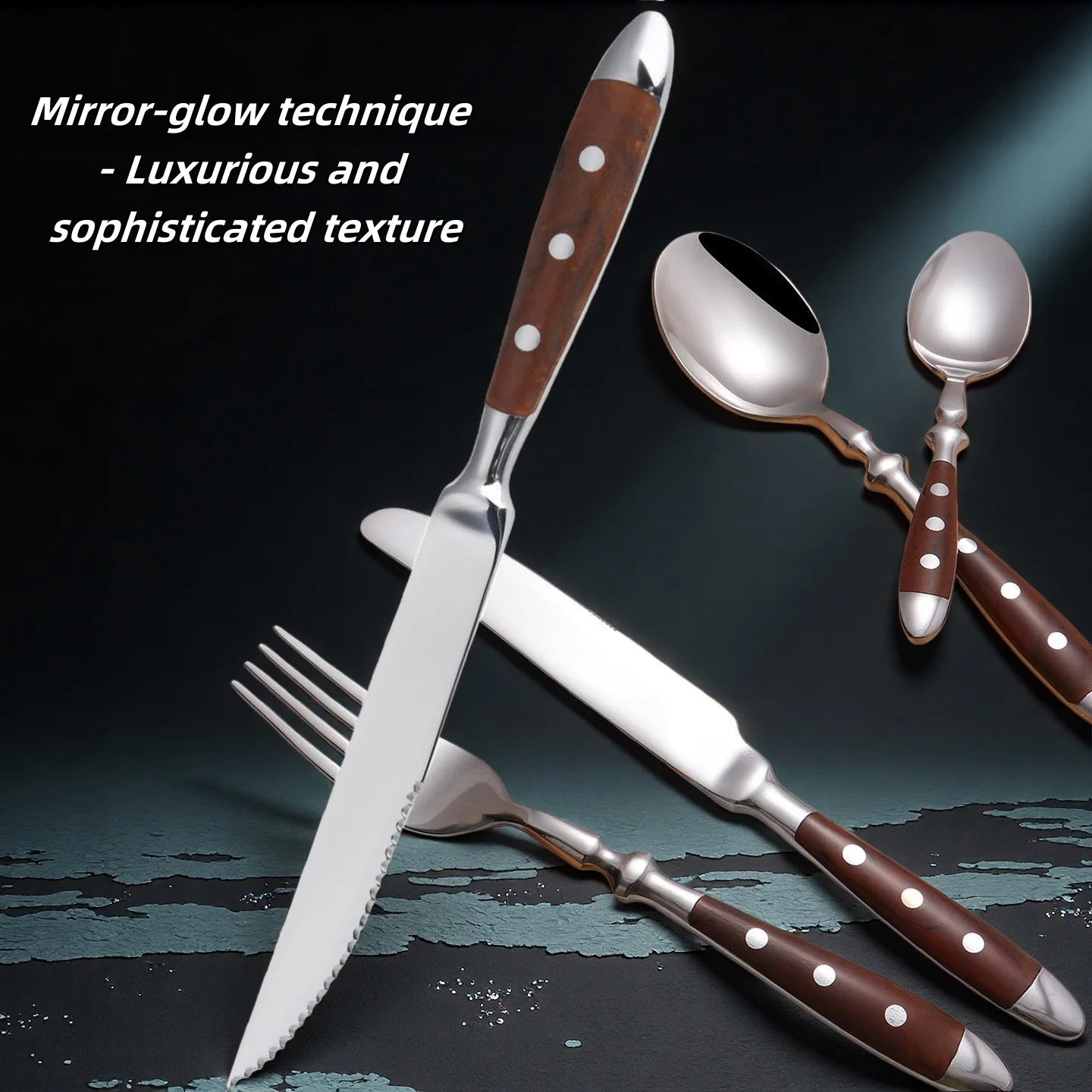Classic Elegant Stainless Steel Cutlery Set Simulated Redwood Fork Spoon Knife Full Dinning Fork Steak Knife Teaspoon Creative
