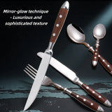Classic Elegant Stainless Steel Cutlery Set Simulated Redwood Fork Spoon Knife Full Dinning Fork Steak Knife Teaspoon Creative
