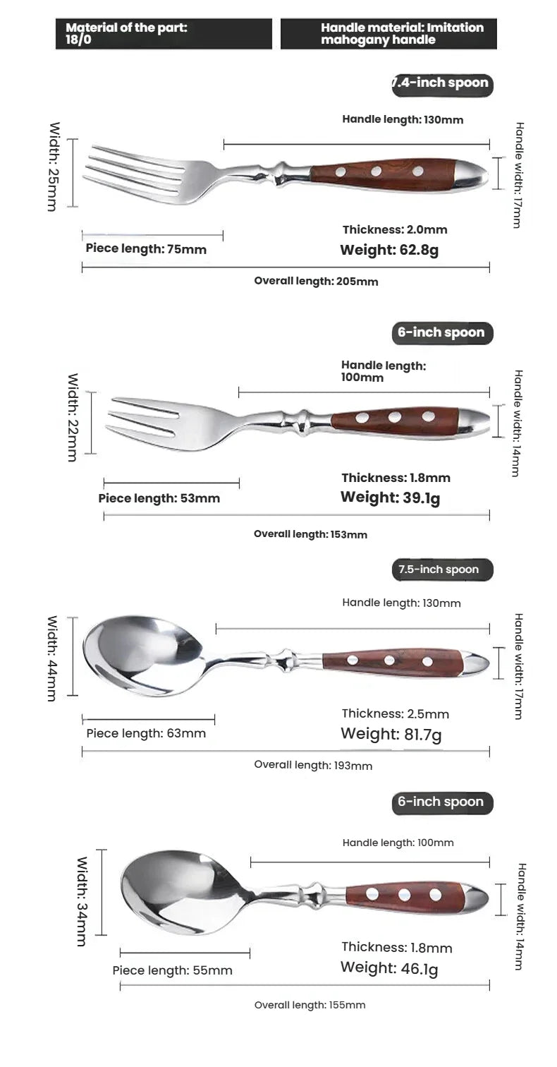 Classic Elegant Stainless Steel Cutlery Set Simulated Redwood Fork Spoon Knife Full Dinning Fork Steak Knife Teaspoon Creative