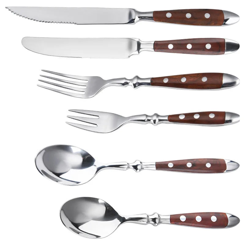 Classic Elegant Stainless Steel Cutlery Set Simulated Redwood Fork Spoon Knife Full Dinning Fork Steak Knife Teaspoon Creative