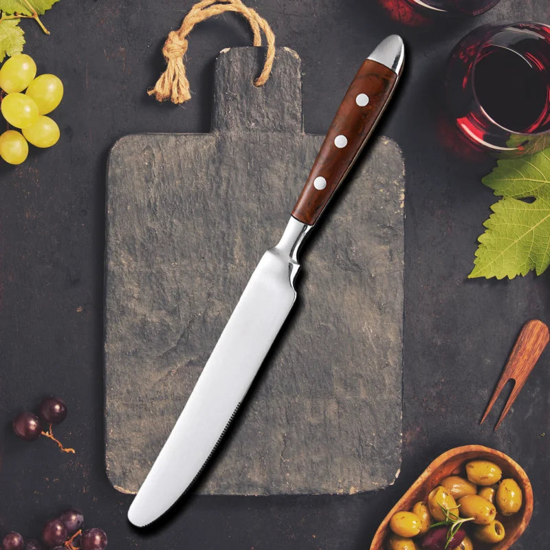 Classic Elegant Stainless Steel Cutlery Set Simulated Redwood Fork Spoon Knife Full Dinning Fork Steak Knife Teaspoon Creative