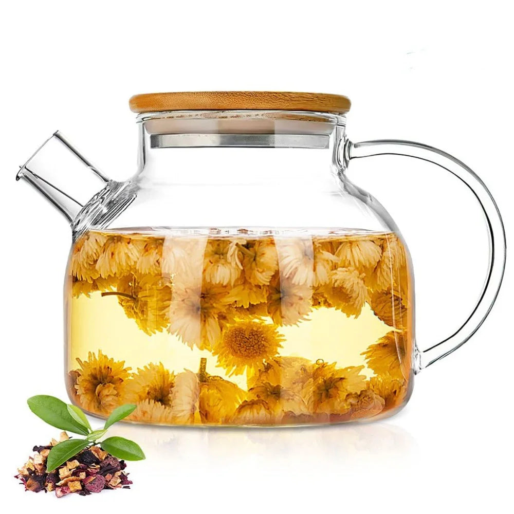 1/1.8L Glass Teapot Bamboo Lid 1pack Glass Tea Kettle with Removable Filter Spout for Loose Leaf、Fruit Tea and Fragrant Tea