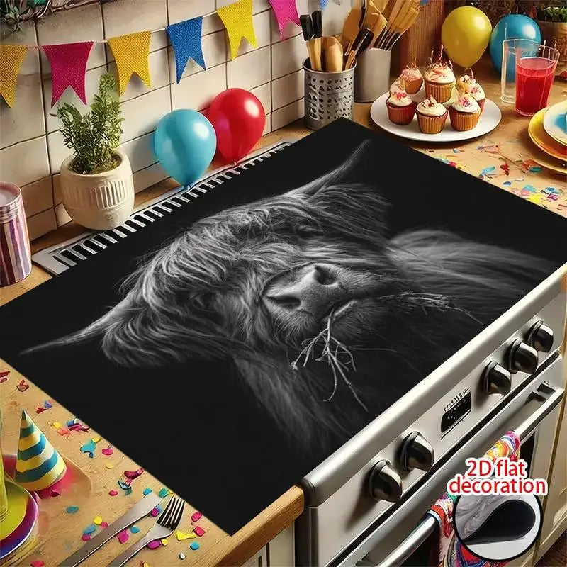 Oversized Stove Cover Heat Resistant Anti Slip Kitchen Countertop Protector Highland Cow Design Scratch Resistant Baking Mat