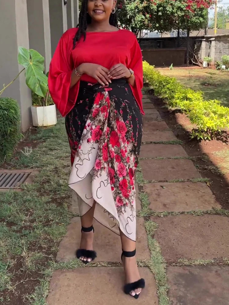Elegant 2 Piece Sets Womens Outfits Satin Half Sleeve Shirt Blouses and Belted Wrap Midi Skirt Sets Spring Summer Clothes