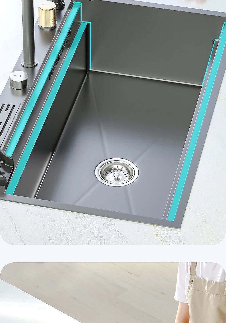 Waterfall Kitchen Sink Nanometer 304 Stainless Steel Large Single Slot Kitchen Accessories Waterfall Faucet Vegetable Basin