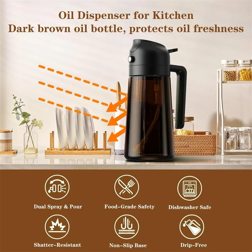 2-in-1 Glass Oil Sprayer & Dispenser, 16oz Leakproof Olive Oil Bottle for Cooking, Air Fryer, Salad, BBQ