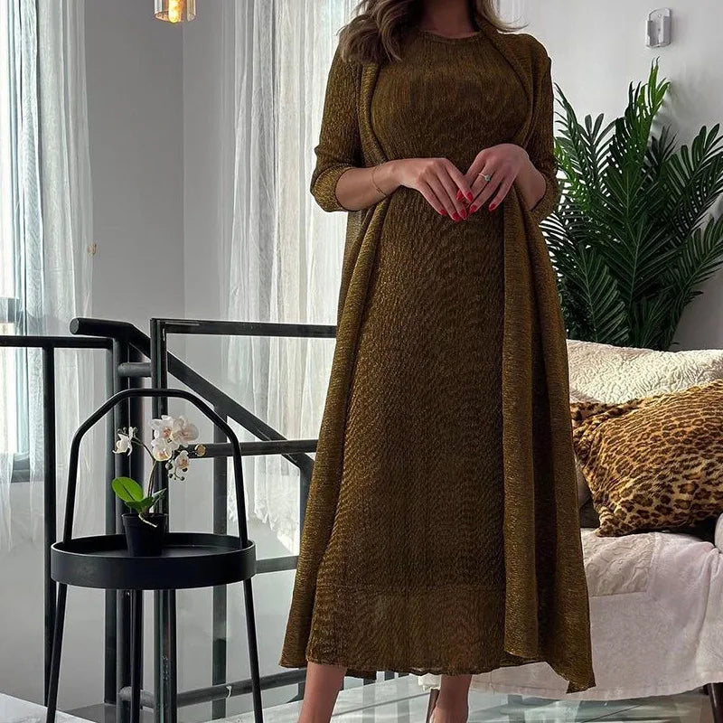 Womens Dresses Fashion 2025 Pleated Clothing Womens 2 Piece Outfit Two Piece Sets Metallic Fabrics Casual Long Dresses