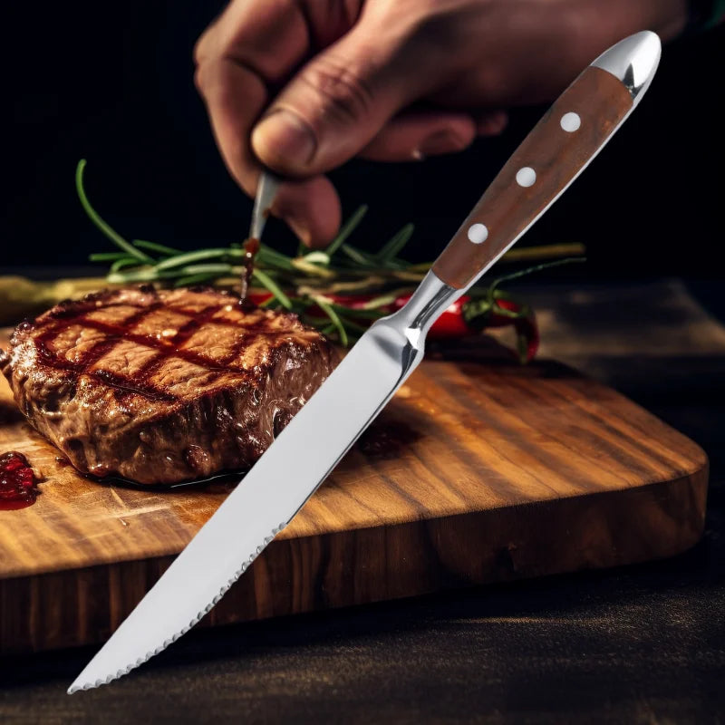 Classic Elegant Stainless Steel Cutlery Set Simulated Redwood Fork Spoon Knife Full Dinning Fork Steak Knife Teaspoon Creative