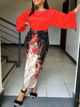 Elegant 2 Piece Sets Womens Outfits Satin Half Sleeve Shirt Blouses and Belted Wrap Midi Skirt Sets Spring Summer Clothes