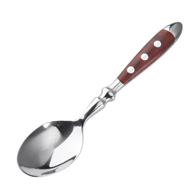 Classic Elegant Stainless Steel Cutlery Set Simulated Redwood Fork Spoon Knife Full Dinning Fork Steak Knife Teaspoon Creative