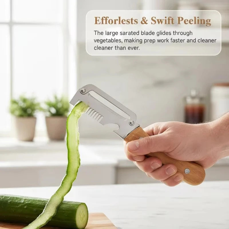 Wooden Handle Stainless Steel Peeler, Multi-Functional Kitchen Gadget for Fruits Vegetables Peeling Slicing, Durable & Smooth