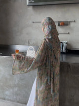 Middle Eastern Elegant Arabic Traditional Cardigan Long-Sleeved Floral Print Abaya Robe with Headscarf