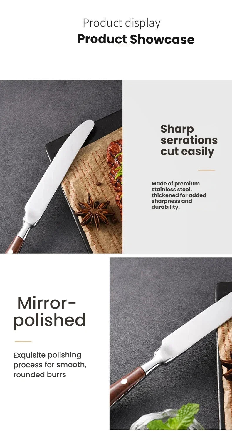 Classic Elegant Stainless Steel Cutlery Set Simulated Redwood Fork Spoon Knife Full Dinning Fork Steak Knife Teaspoon Creative