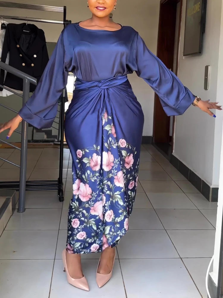 Elegant 2 Piece Sets Womens Outfits Satin Half Sleeve Shirt Blouses and Belted Wrap Midi Skirt Sets Spring Summer Clothes