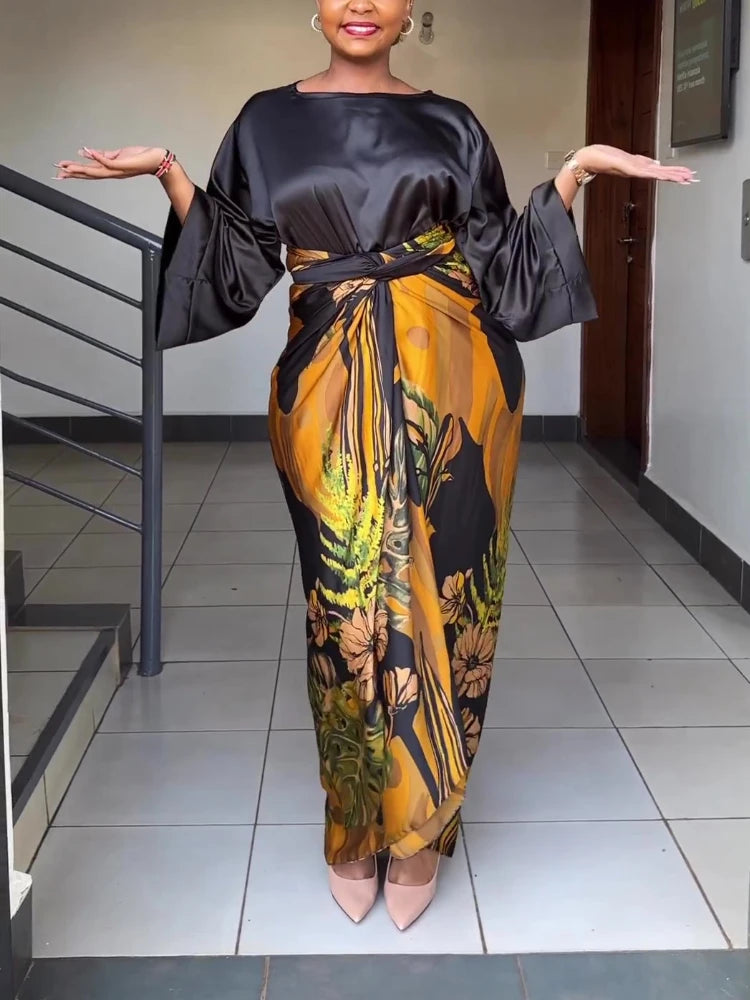 Elegant 2 Piece Sets Womens Outfits Satin Half Sleeve Shirt Blouses and Belted Wrap Midi Skirt Sets Spring Summer Clothes