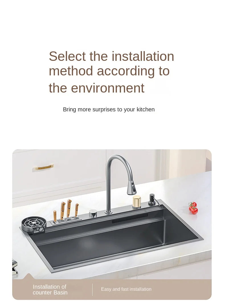 Waterfall Kitchen Sink Nanometer 304 Stainless Steel Large Single Slot Kitchen Accessories Waterfall Faucet Vegetable Basin