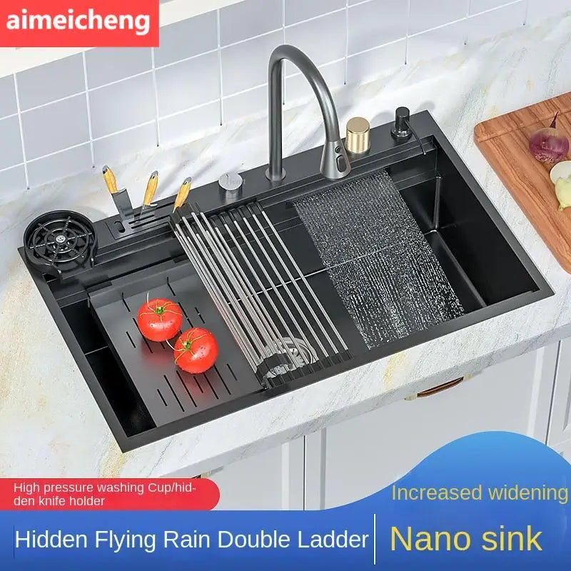 Waterfall Kitchen Sink Nanometer 304 Stainless Steel Large Single Slot Kitchen Accessories Waterfall Faucet Vegetable Basin