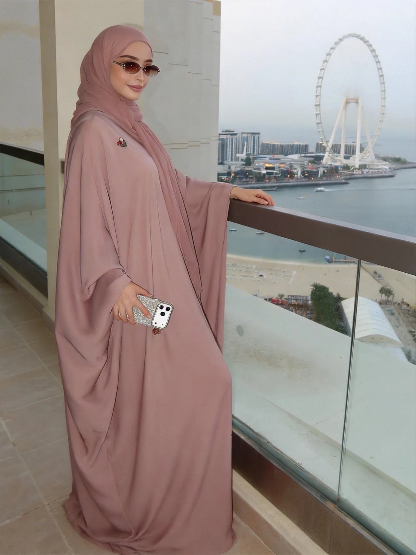 Women's Elegant Islamic Clothing, Pink Embroidered Robe, Loose Batwing Sleeve Arab Abaya